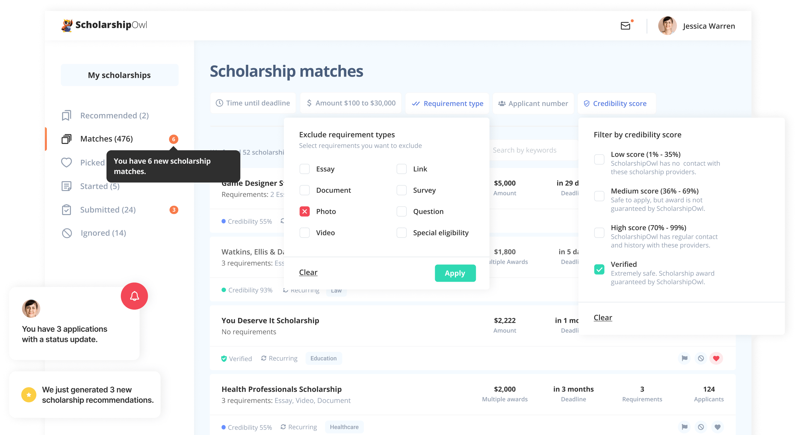 Screenshot of the ScholarshipOwl dashboard