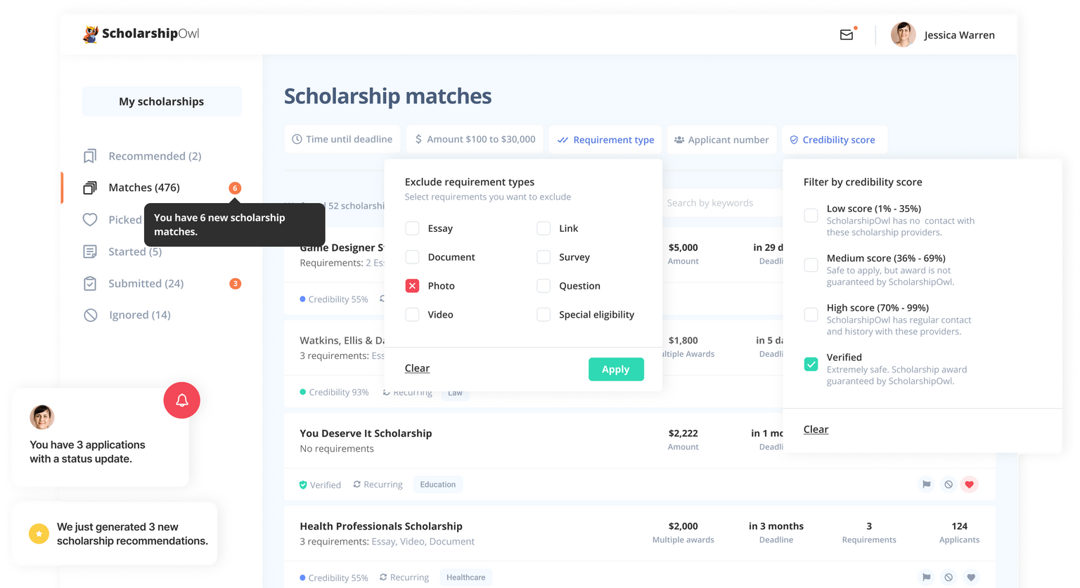Screenshot of the ScholarshipOwl dashboard