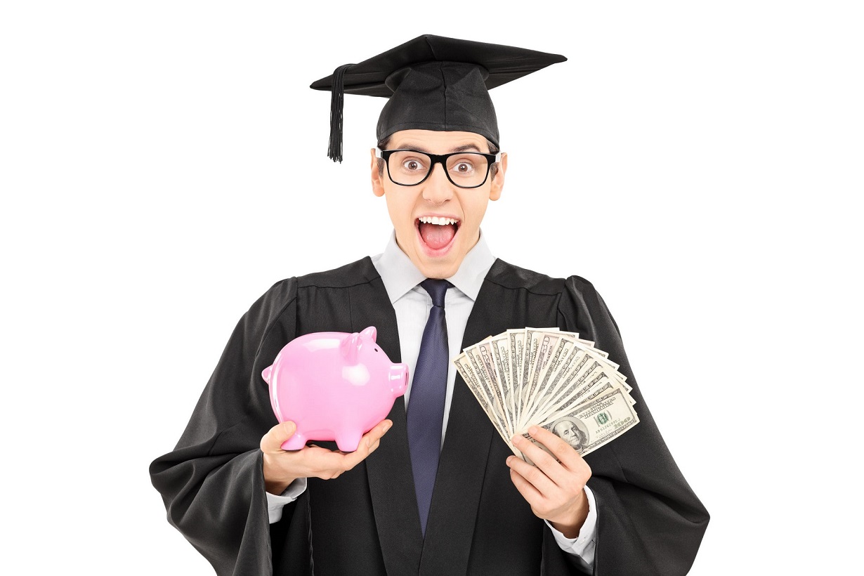 male student holding money and a piggybank