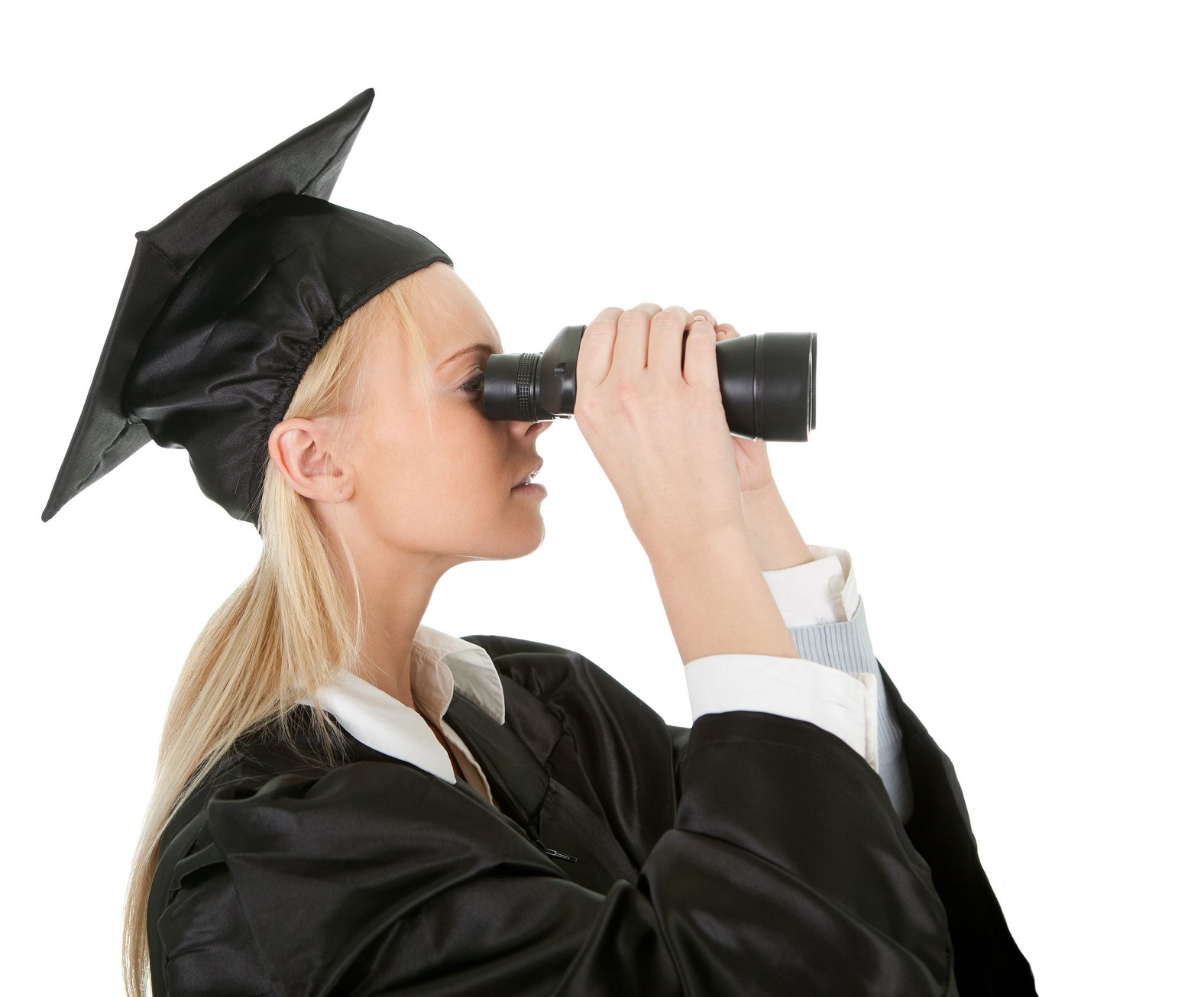 Graduate looking through binoculars