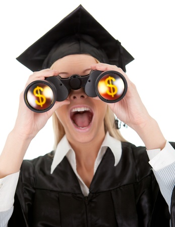 student looking through binoculars looking for scholarships