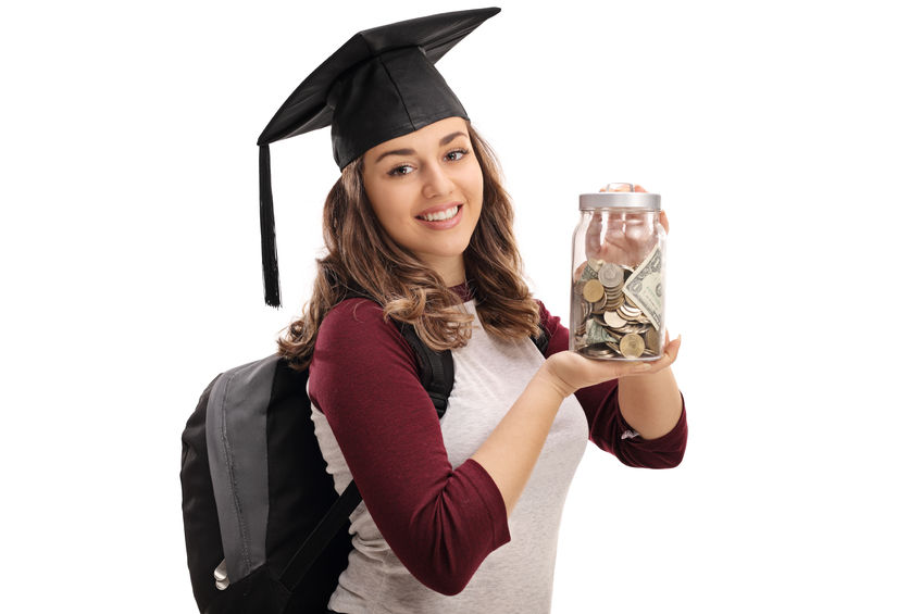 cheerful graduate student holding a jar filled with money isolated on white background concept for Spelman College Scholarships