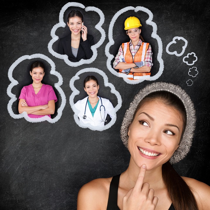 career choice options - student thinking of future education. young asian woman contemplating career options smiling looking up at thought bubbles on a blackboard with images of different professions