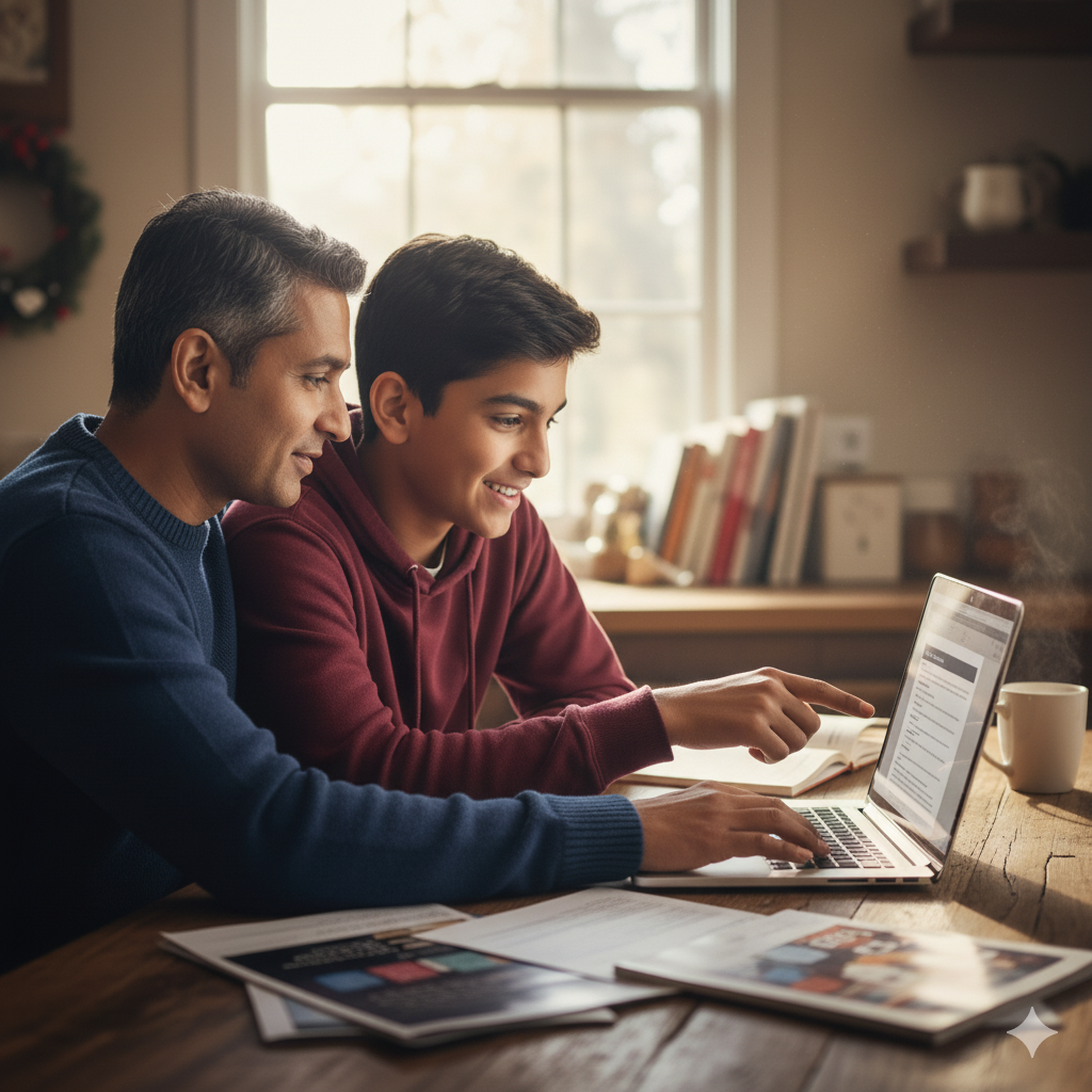 father and son working on scholarship applications