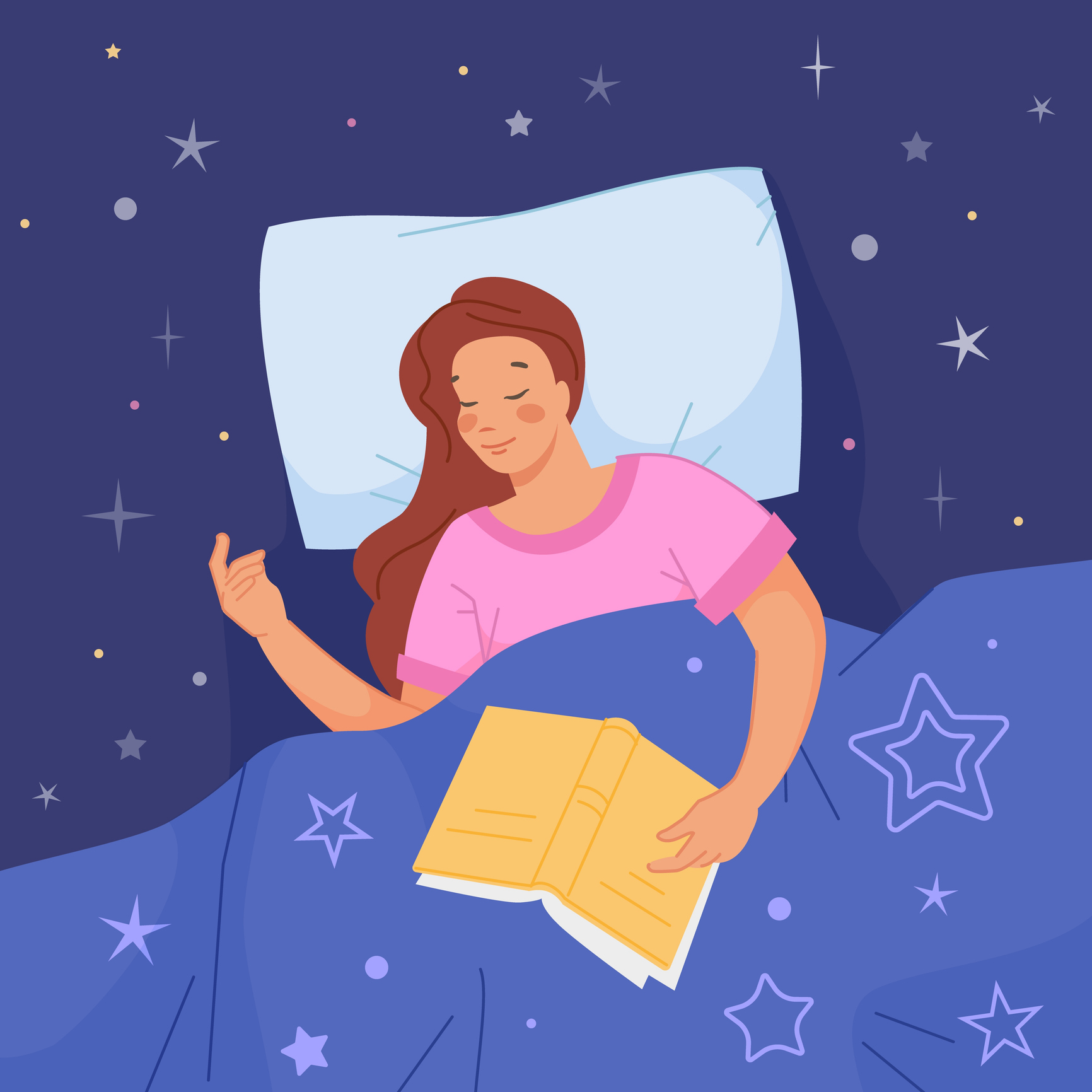 Woman sleep with book. Girl peaceful sleeping after reading books, asleep lady slumber beautiful dreams under comfort bedding duvet, morning dreamer character vector illustration
