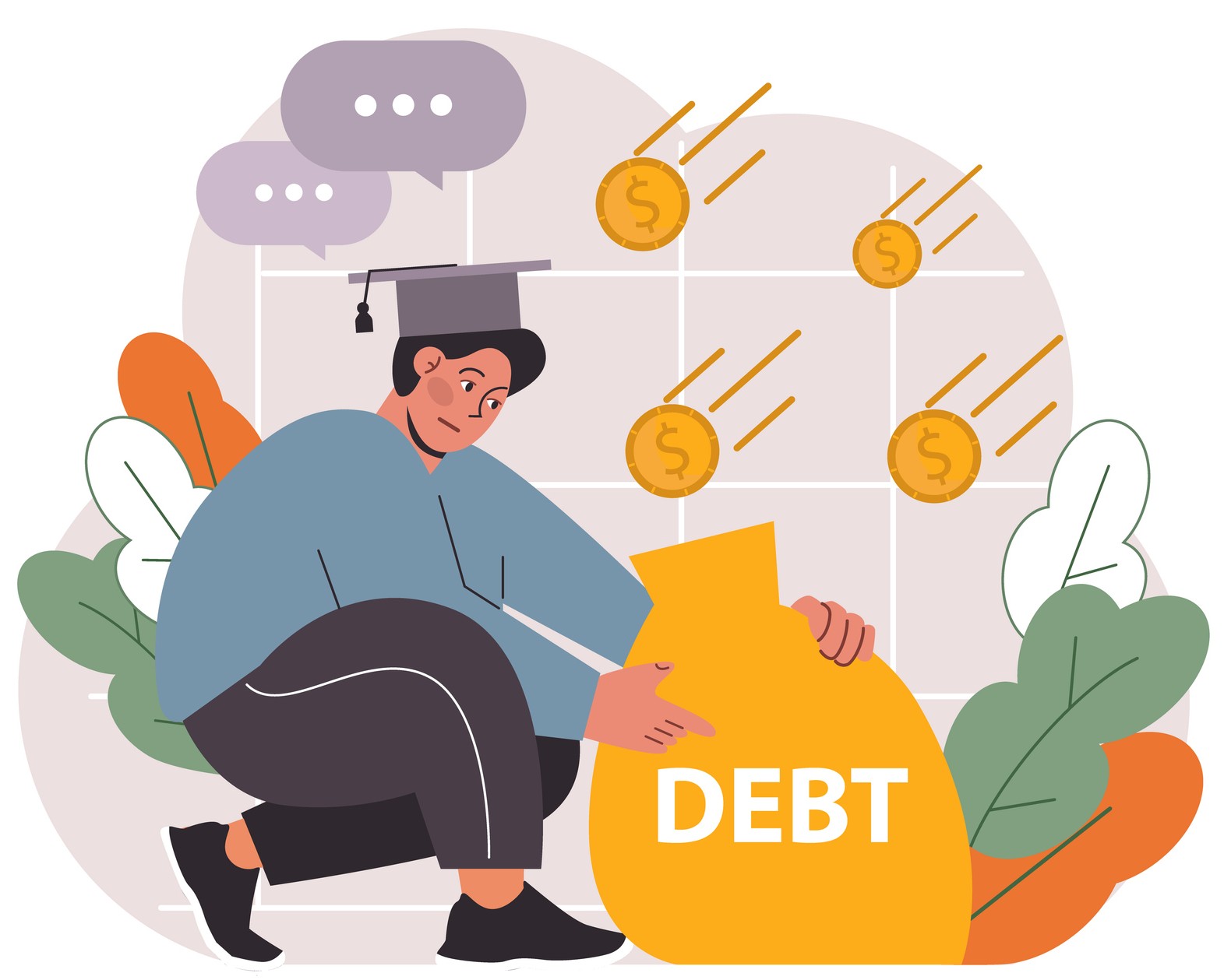 Student debt. Young graduated character with a financial crisis. Expensive
