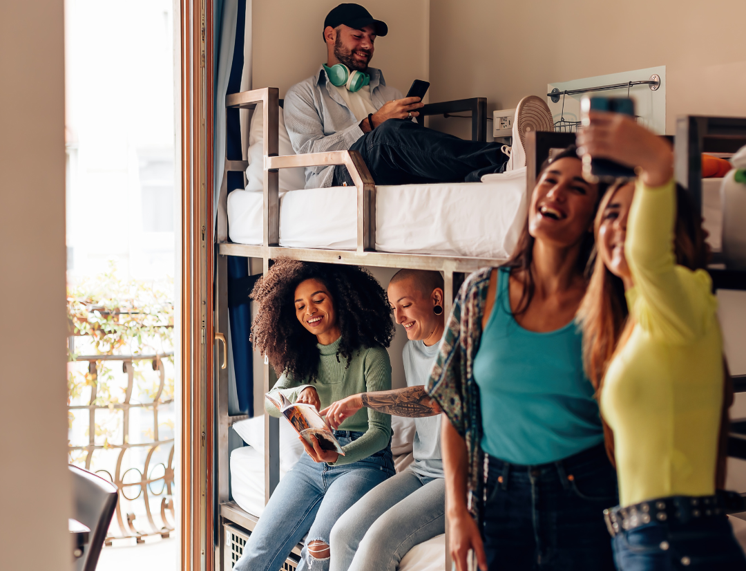 college students in dorm room