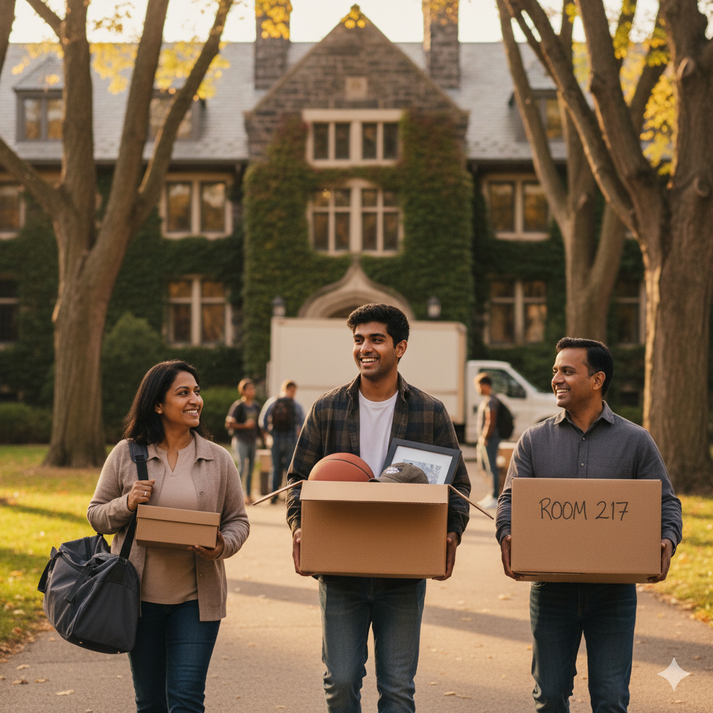student moving into college campus supported by parents