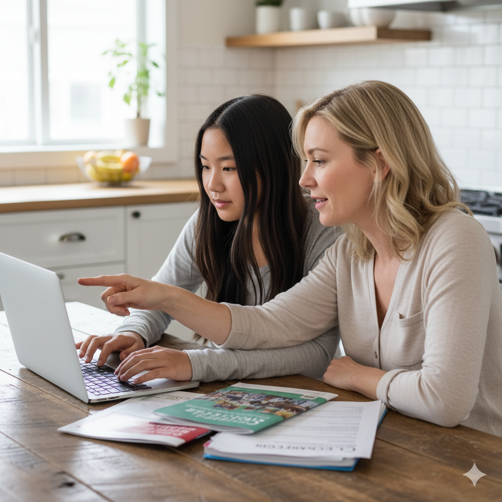 Mom and daughter working on college applications during winter break