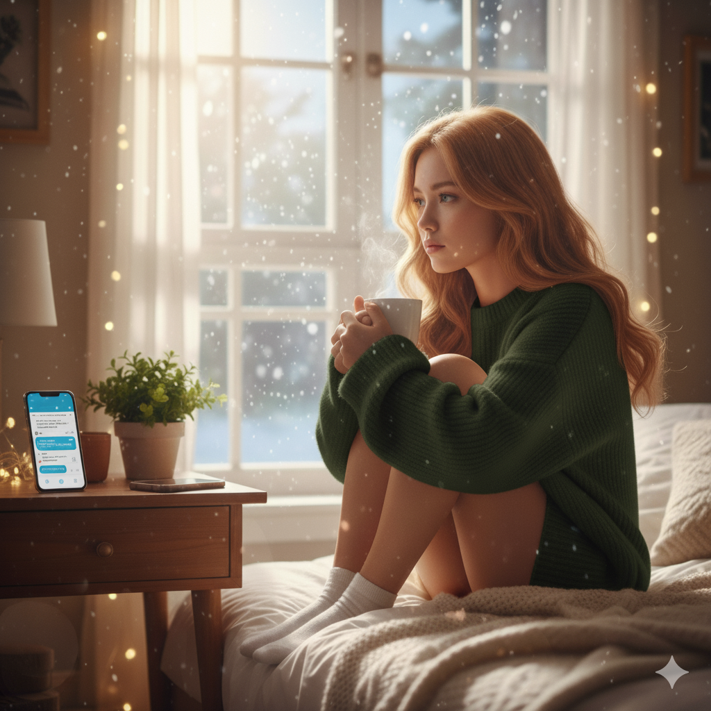 Sad student sitting in her room during winter break