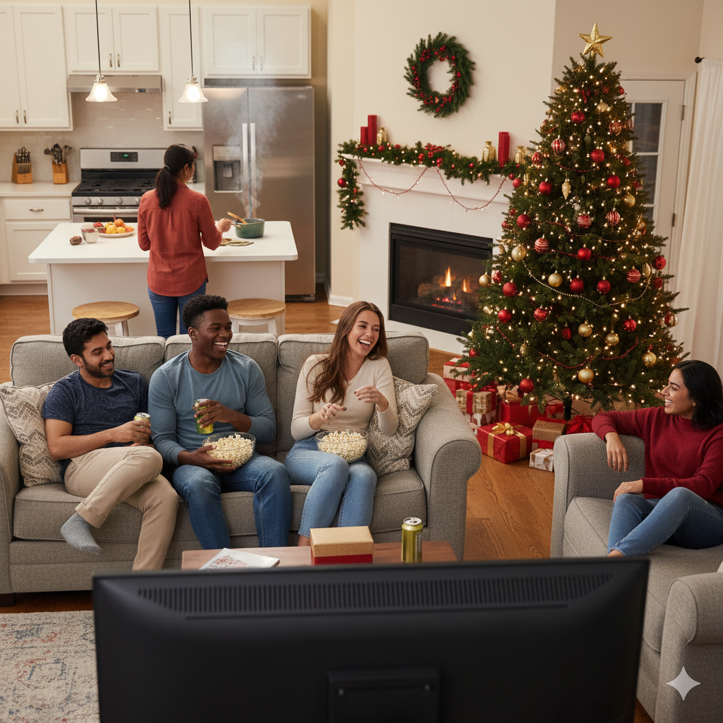 Friends watching a holiday movie at home