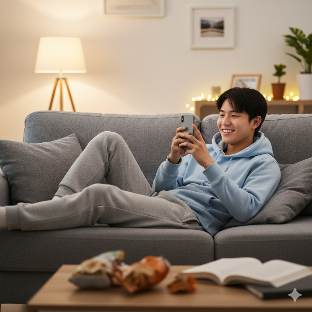 Student lounging on couch and doom-scrolling - having difficulty finding motivation