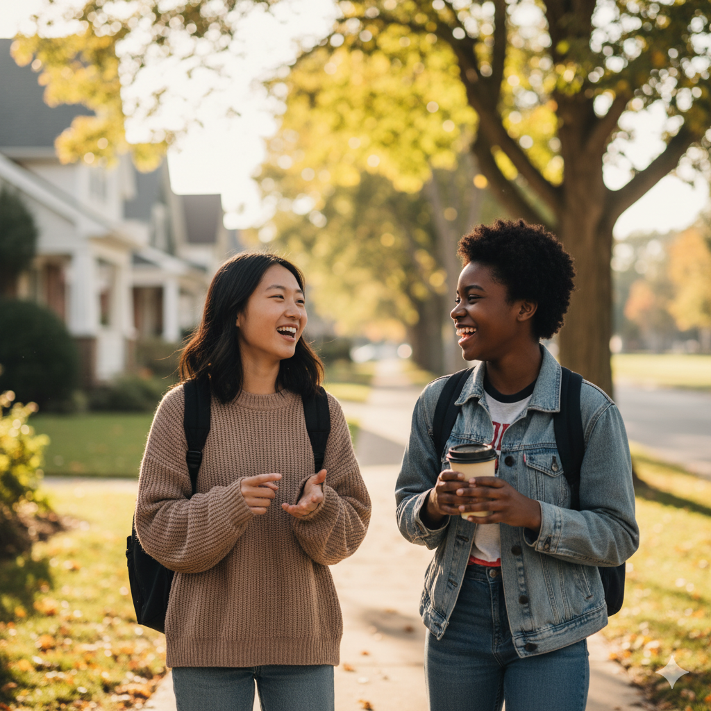 teens walking and talking outside