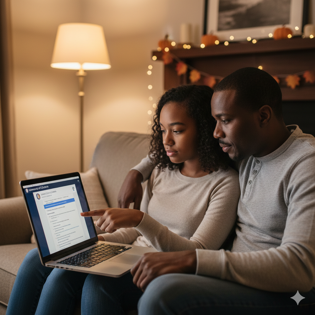 Dad and daughter reviewing UC application before submitting