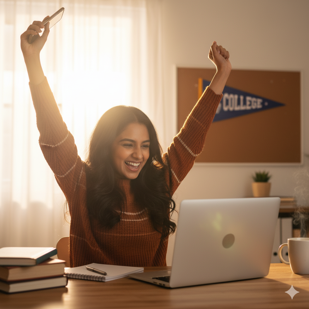 student celebrating scholarship win