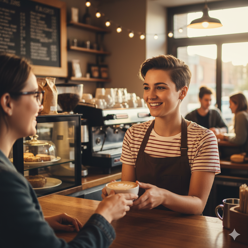 student working in a coffee shop during winter break