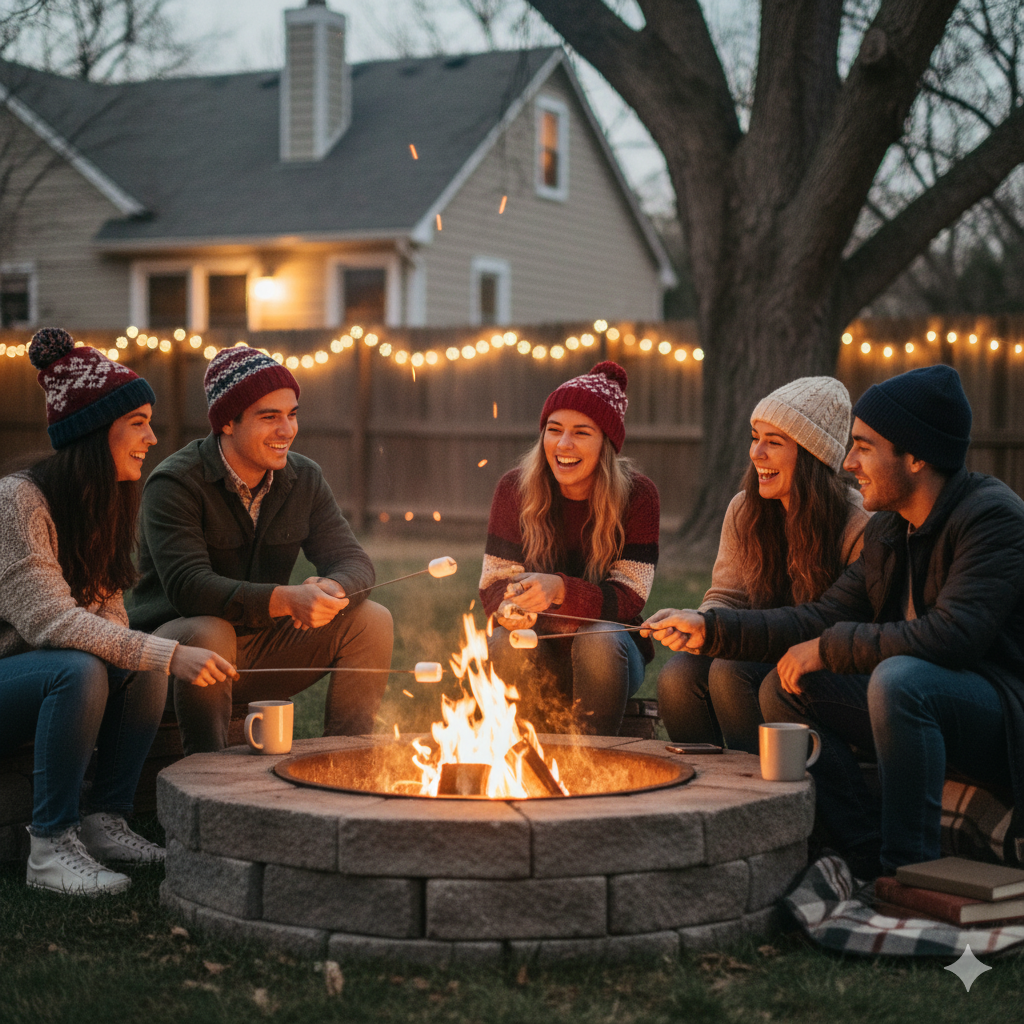 Teens roasting marshmallows over a fire pit during winter break