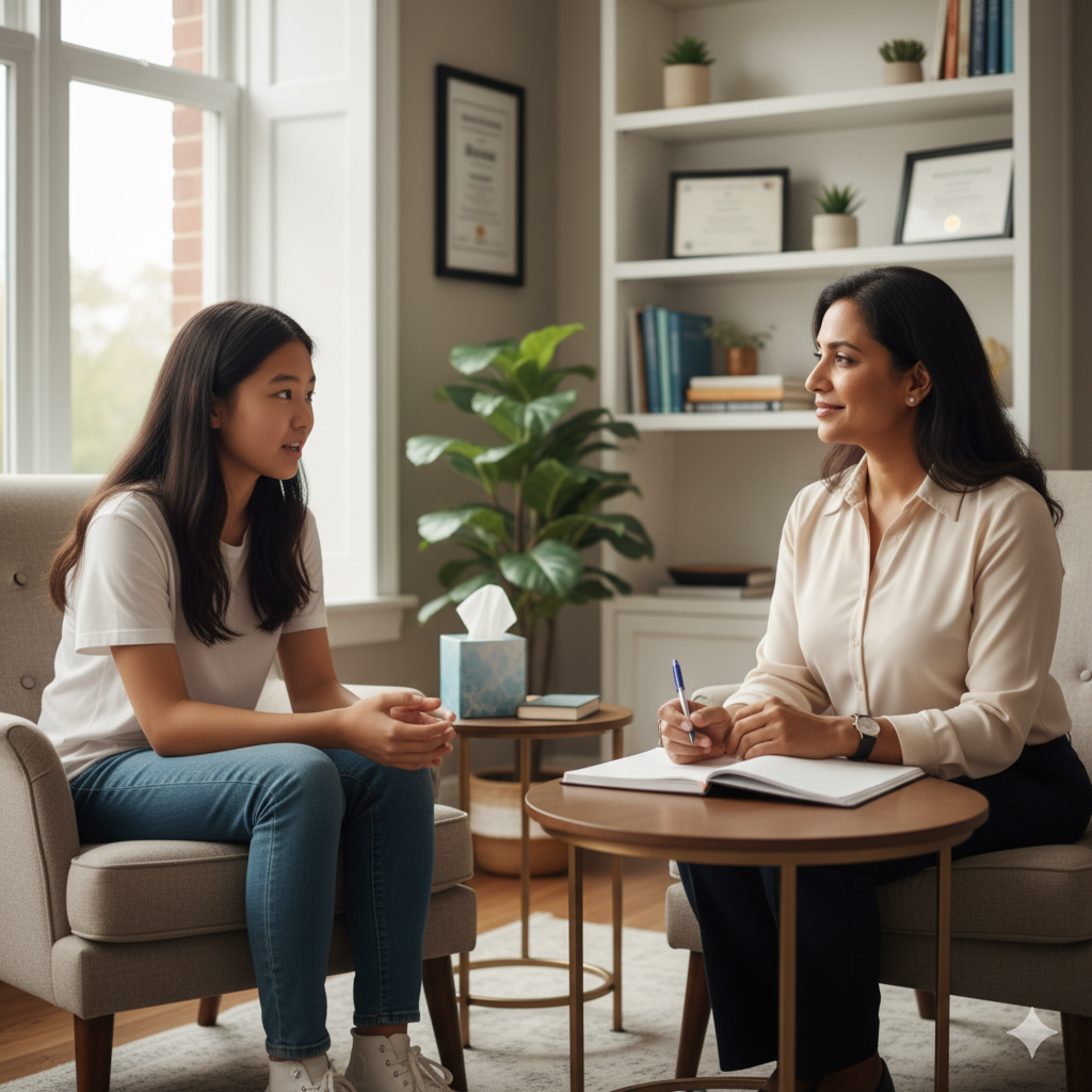 teen talking with counselor