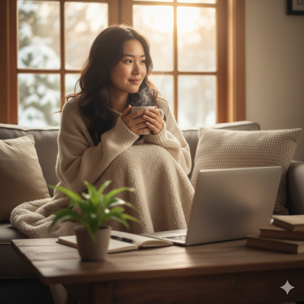 Student holding a cup of coffee while daydreaming during winter break