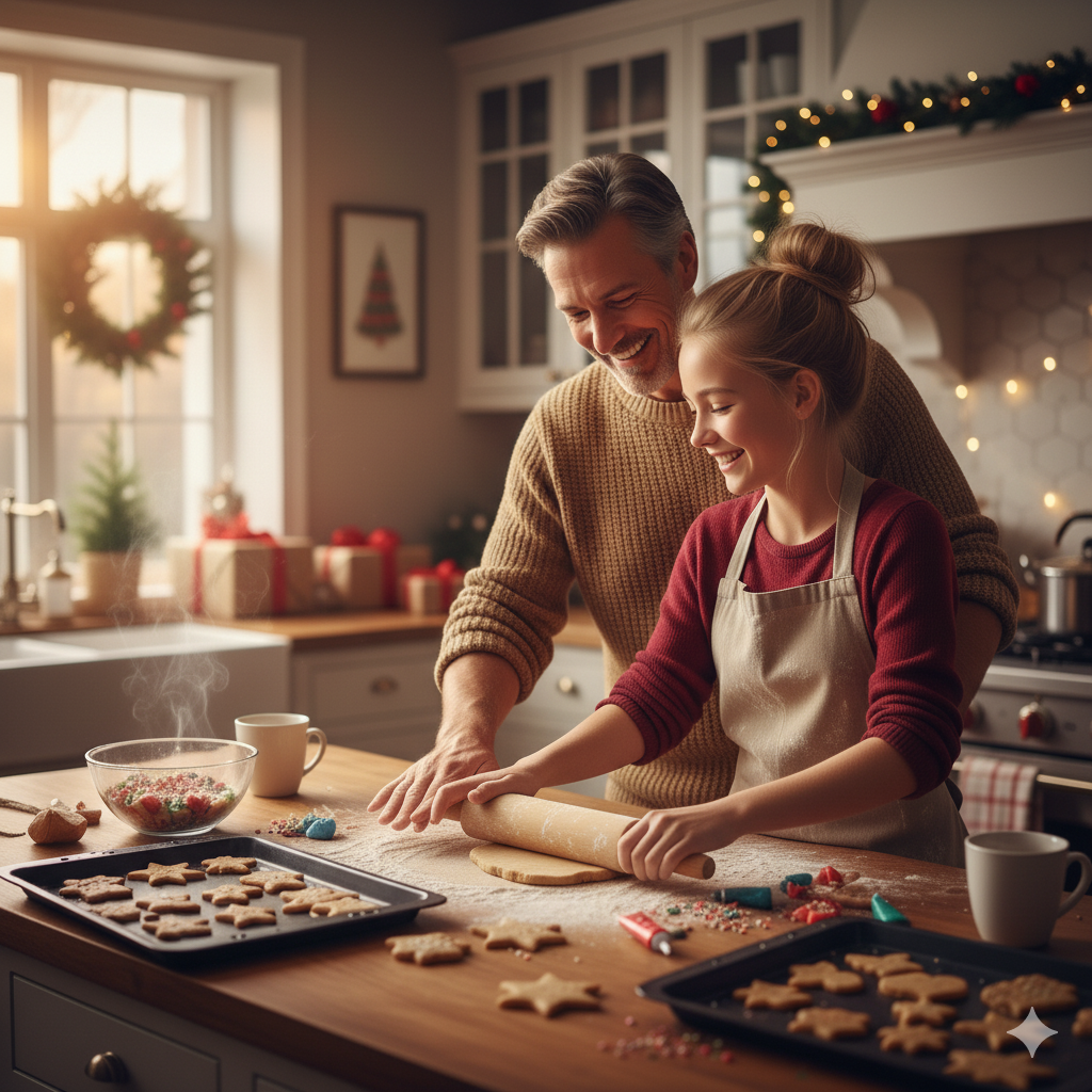 dad and teen daughter baking during winter break