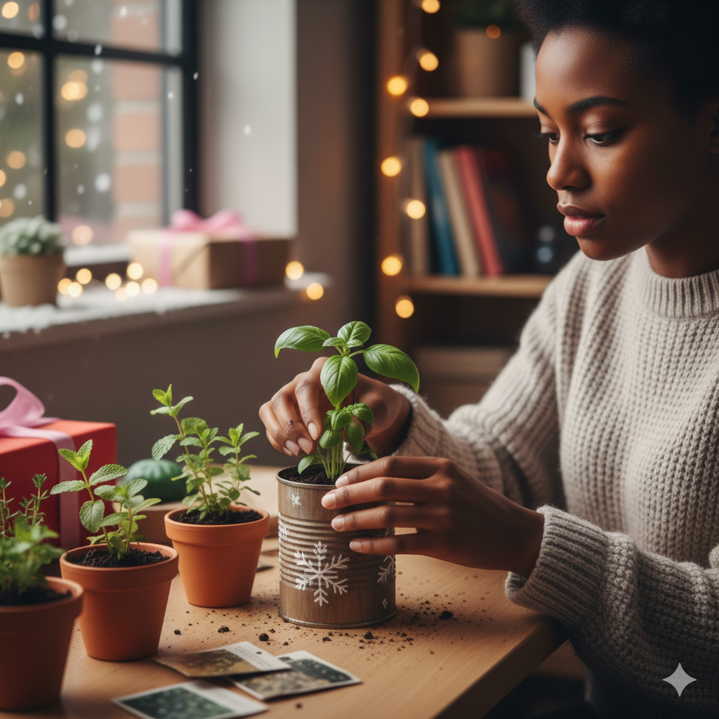 college student planting low-cost gifts for the holidays on a student budget