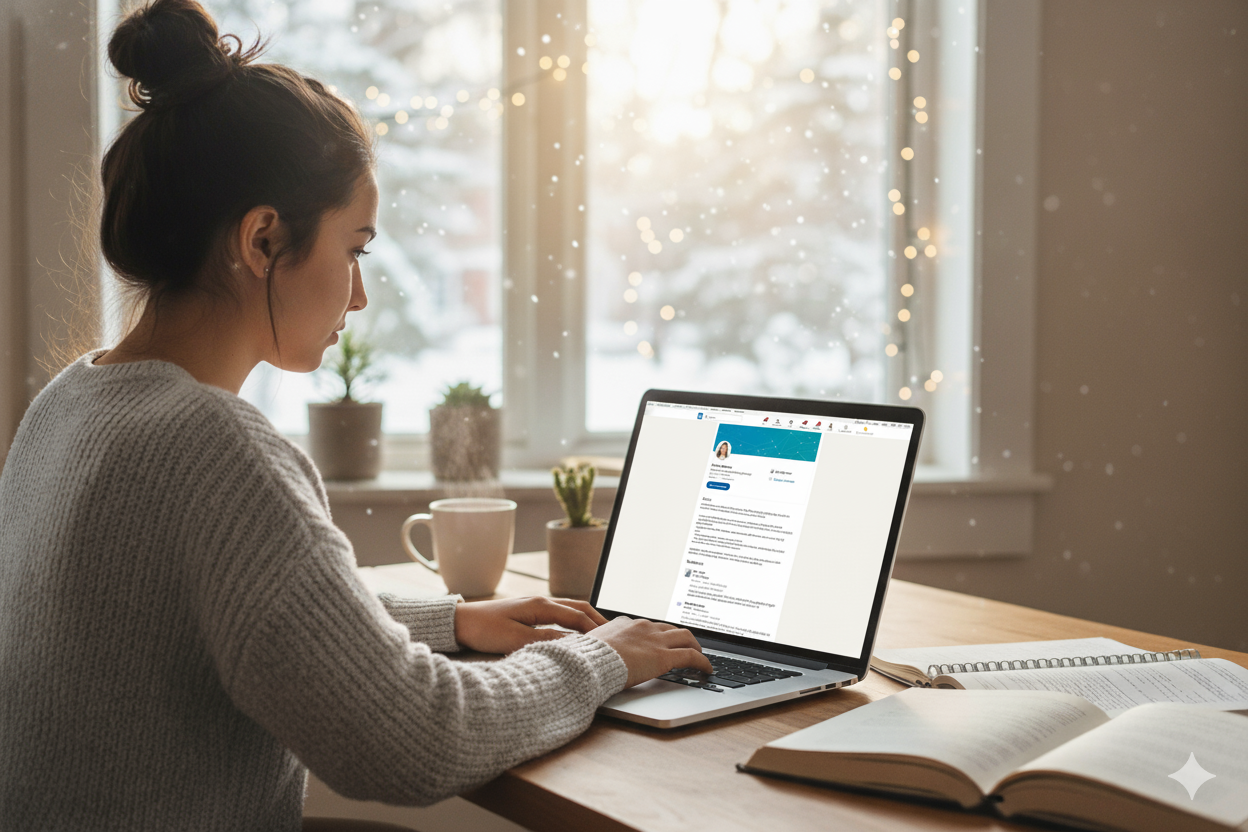 Student working on her LinkedIn profile during winter break