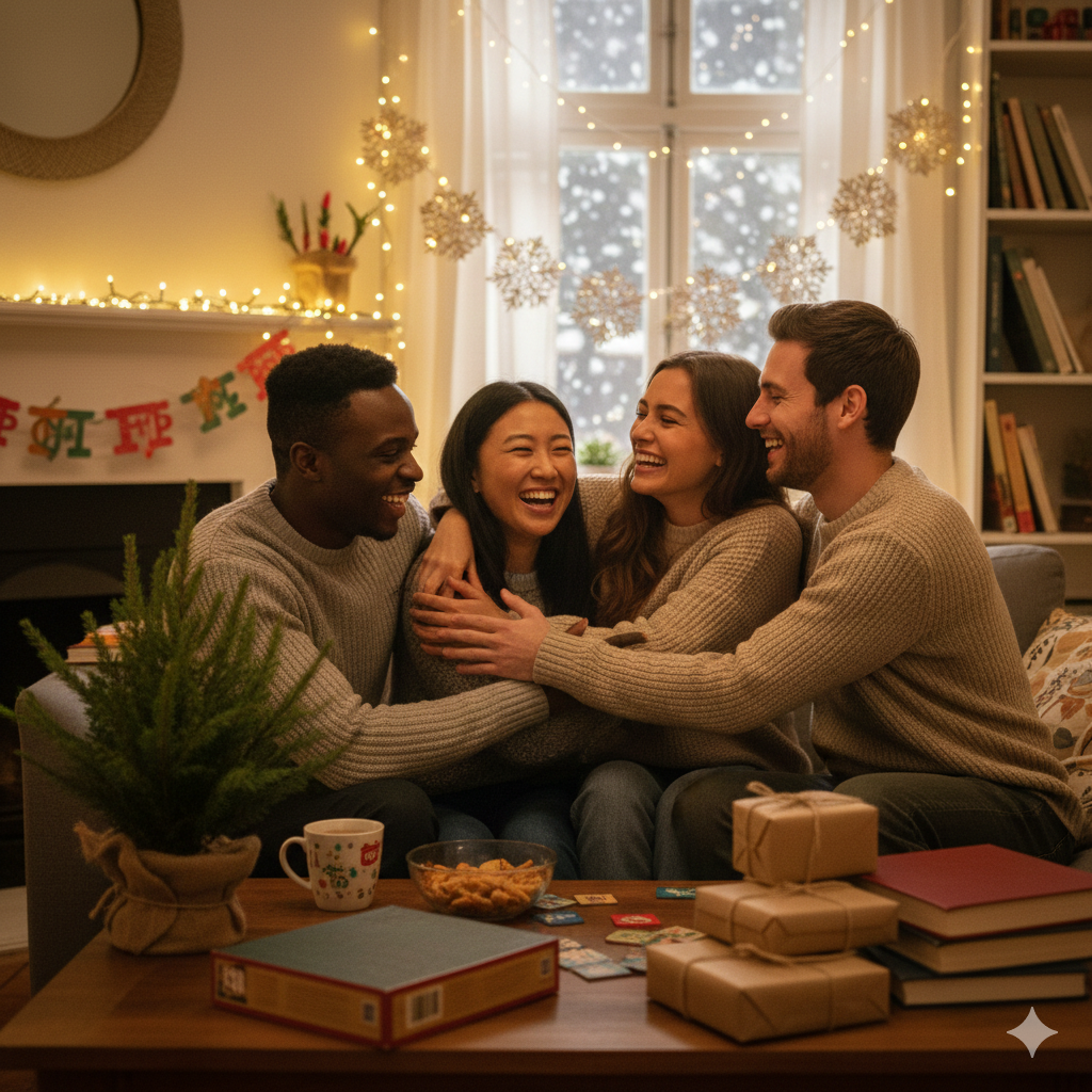 college students hugging during the holidays on a student budget