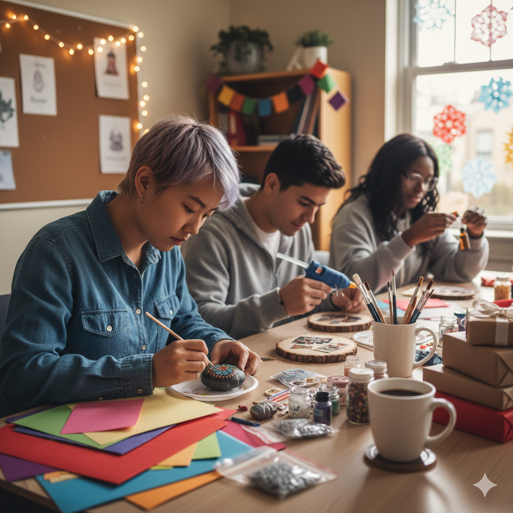 College students making art and craft low-cost gifts for the holidays on a student budget