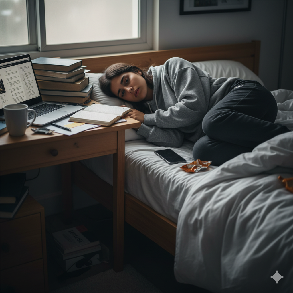 Sad student laying on bed, not finding motivation