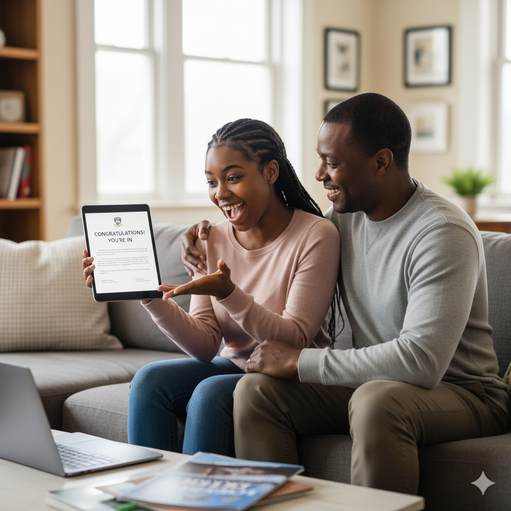 student and parent reviewing admission offers