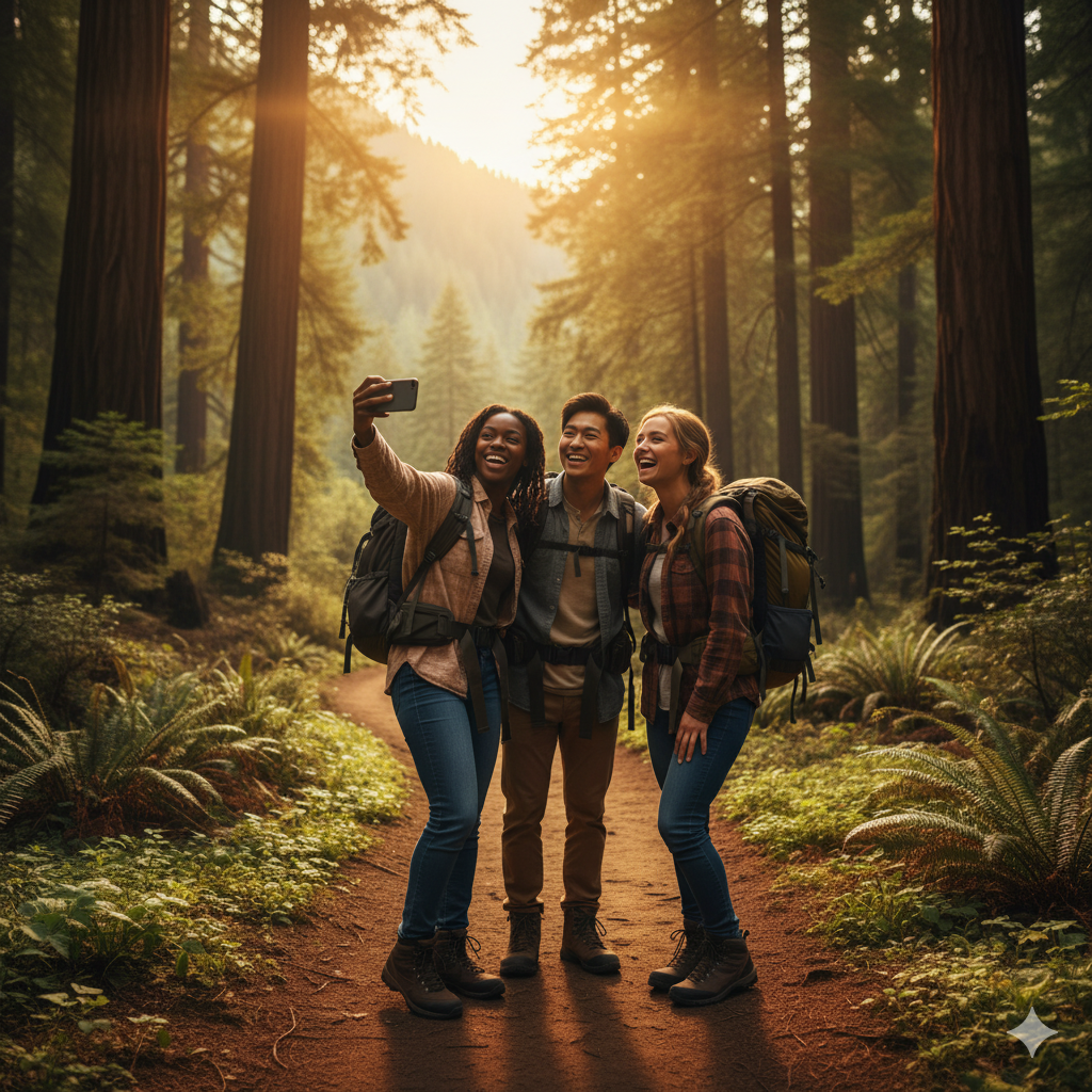 students hiking and taking a selfie
