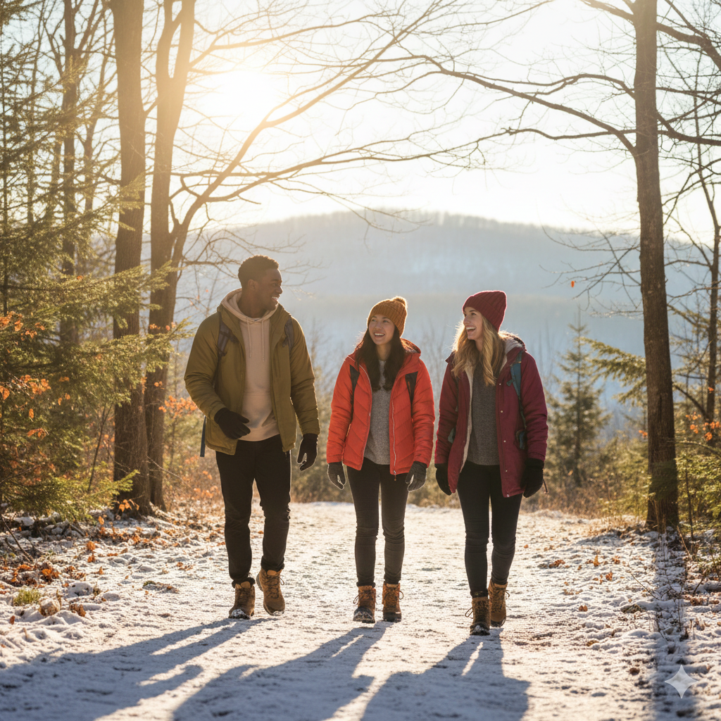 college students hiking, meeting one of their New Year's goals