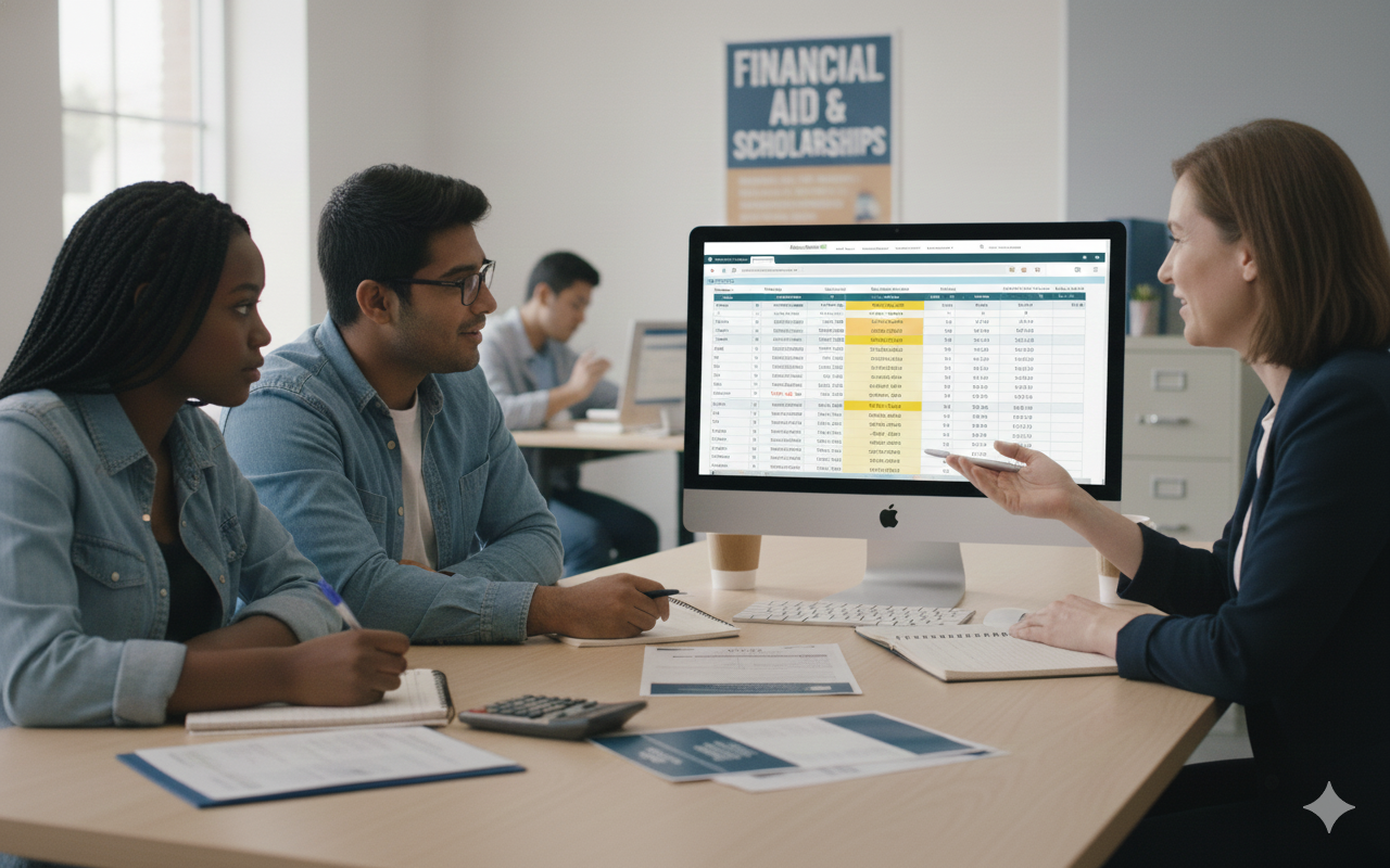 students meeting with financial aid advisor to assist when their family can't help pay for college