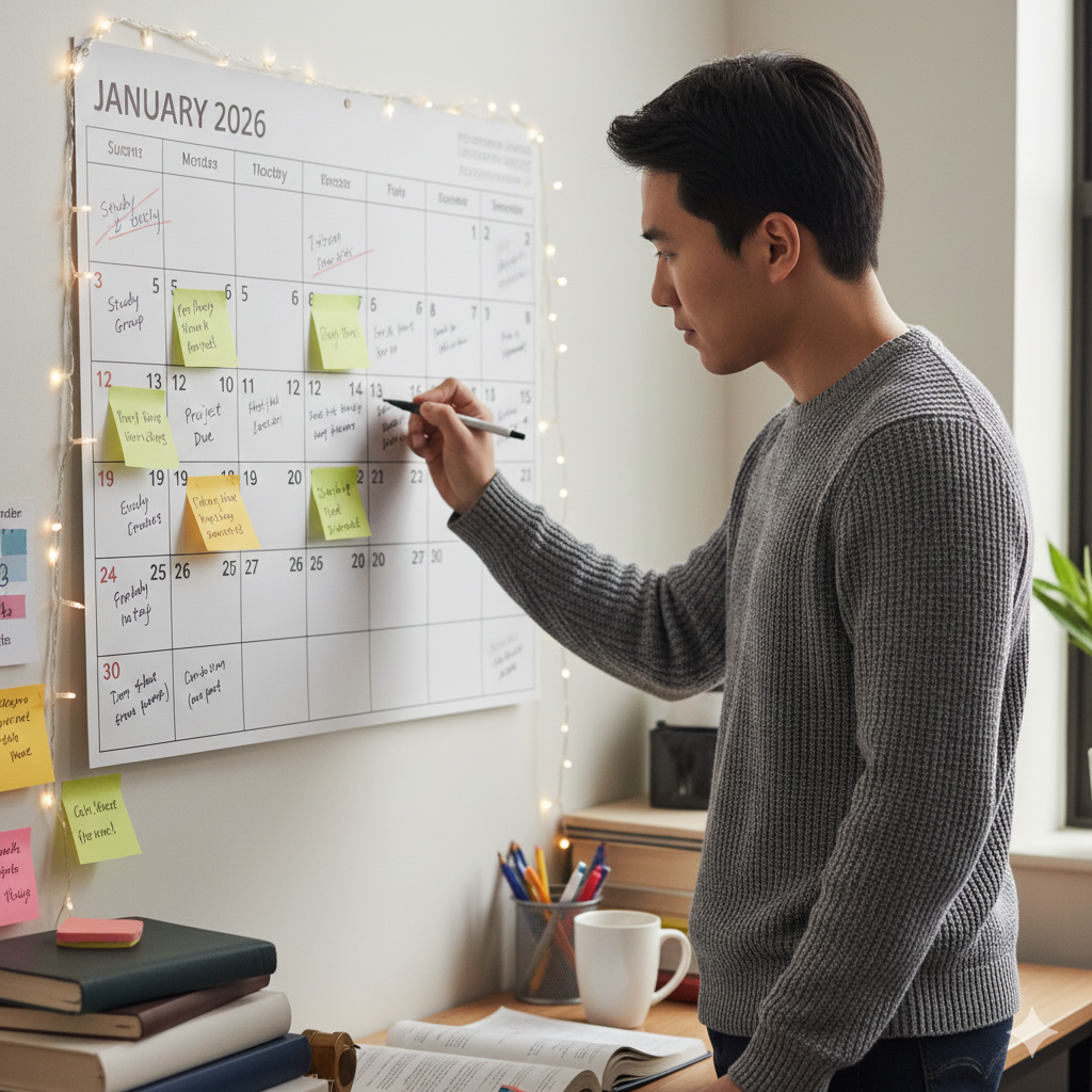 student writing on a wall calendar, getting organized, meeting one of his New Year's goals