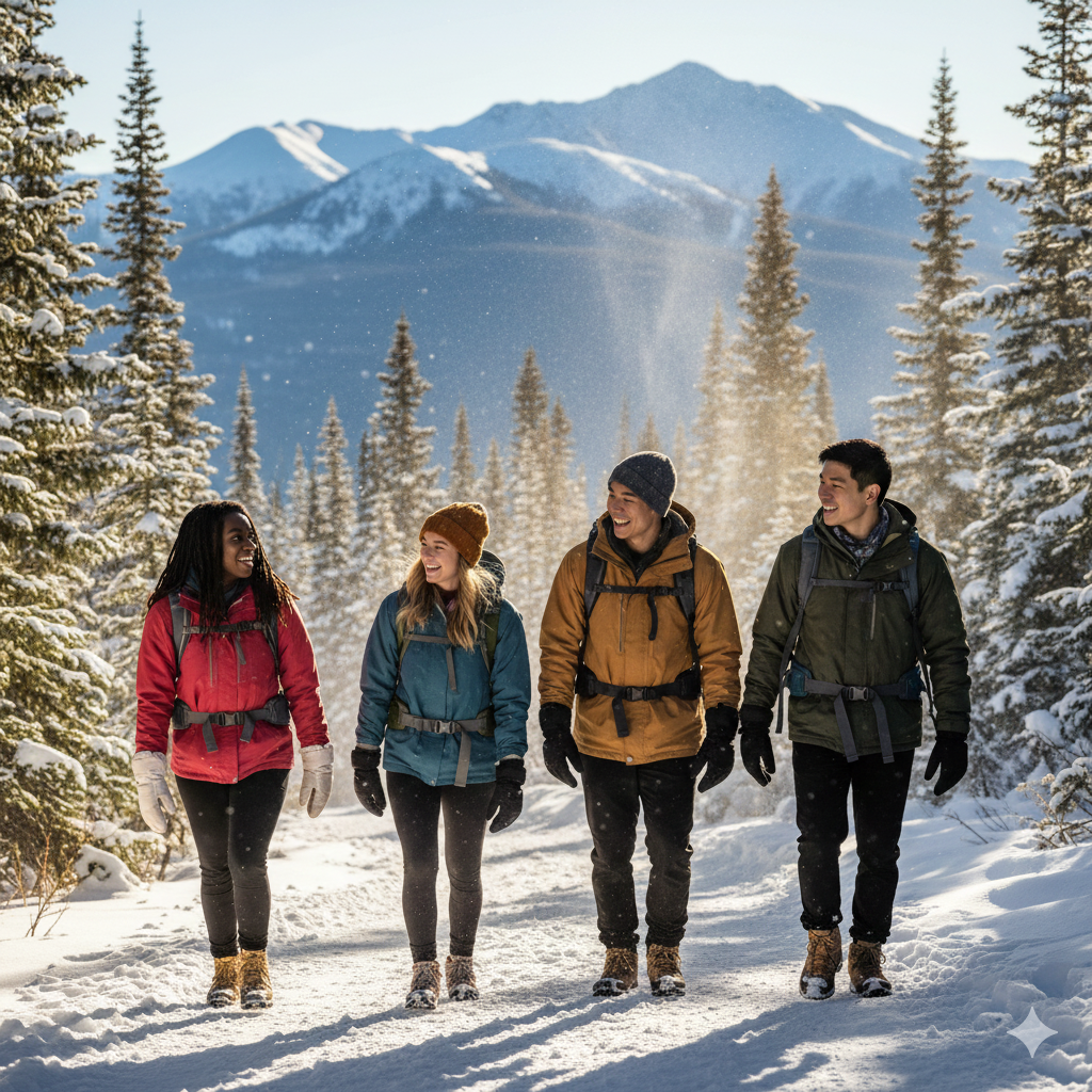 college students going on a winter hike