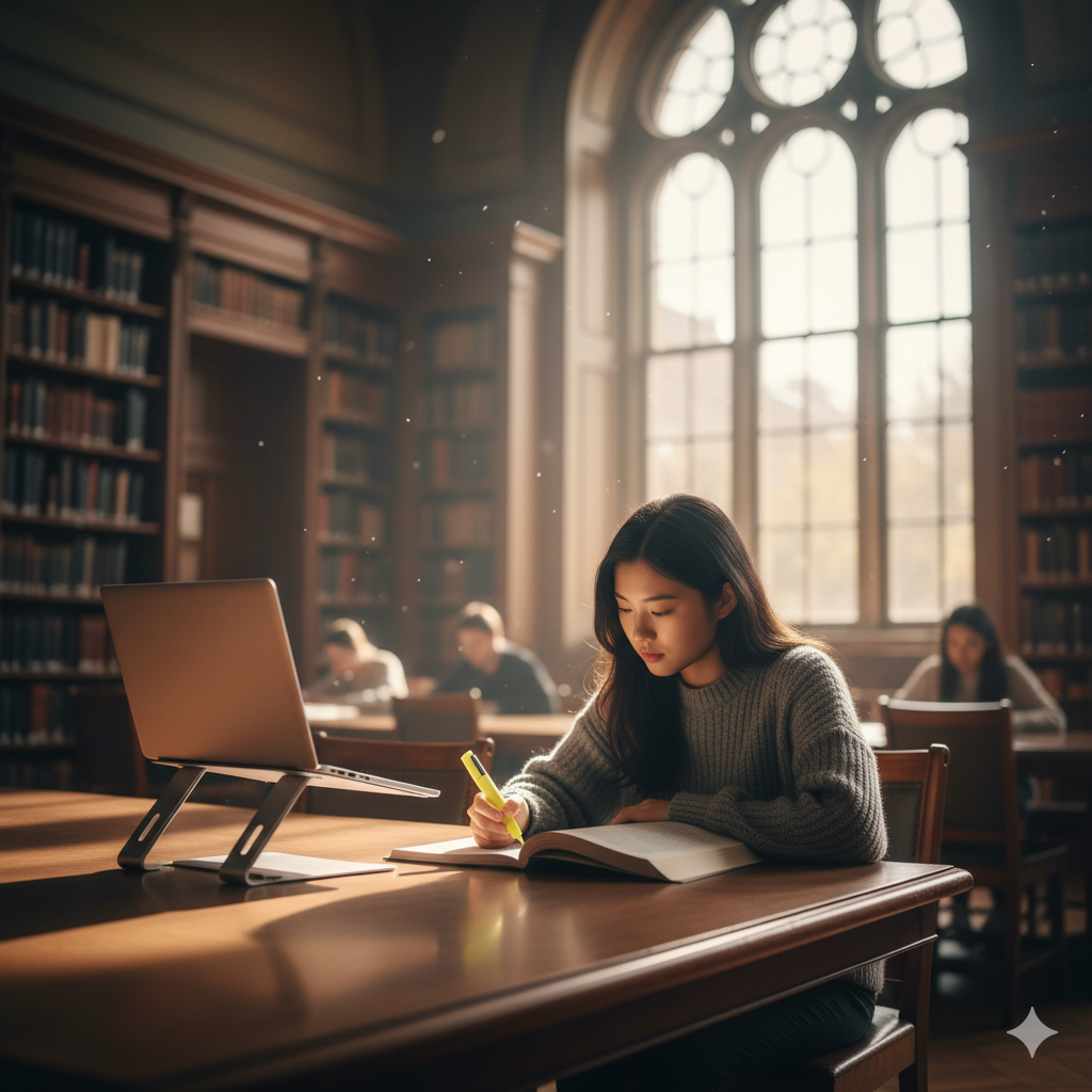 student who is feeling alone, studying in college library