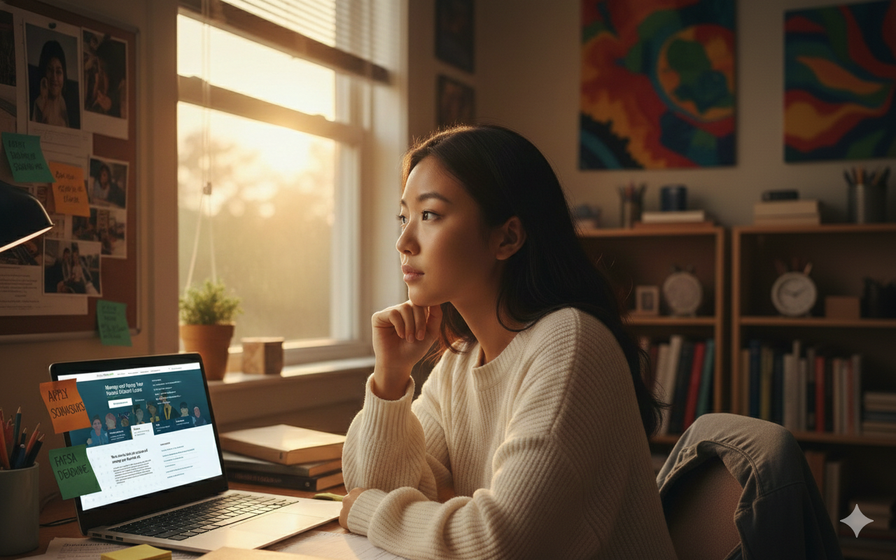 student on laptop applying for financial aid - family can't help pay for college