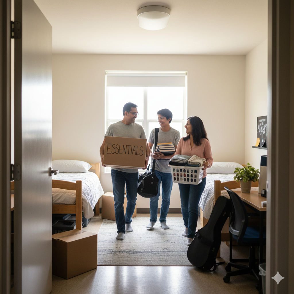 Parents helping their son move into his dorm