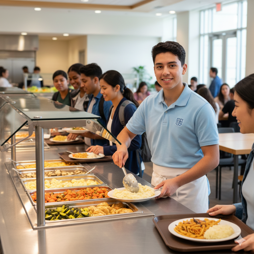 student working in campus dining hall - family can't help pay for college