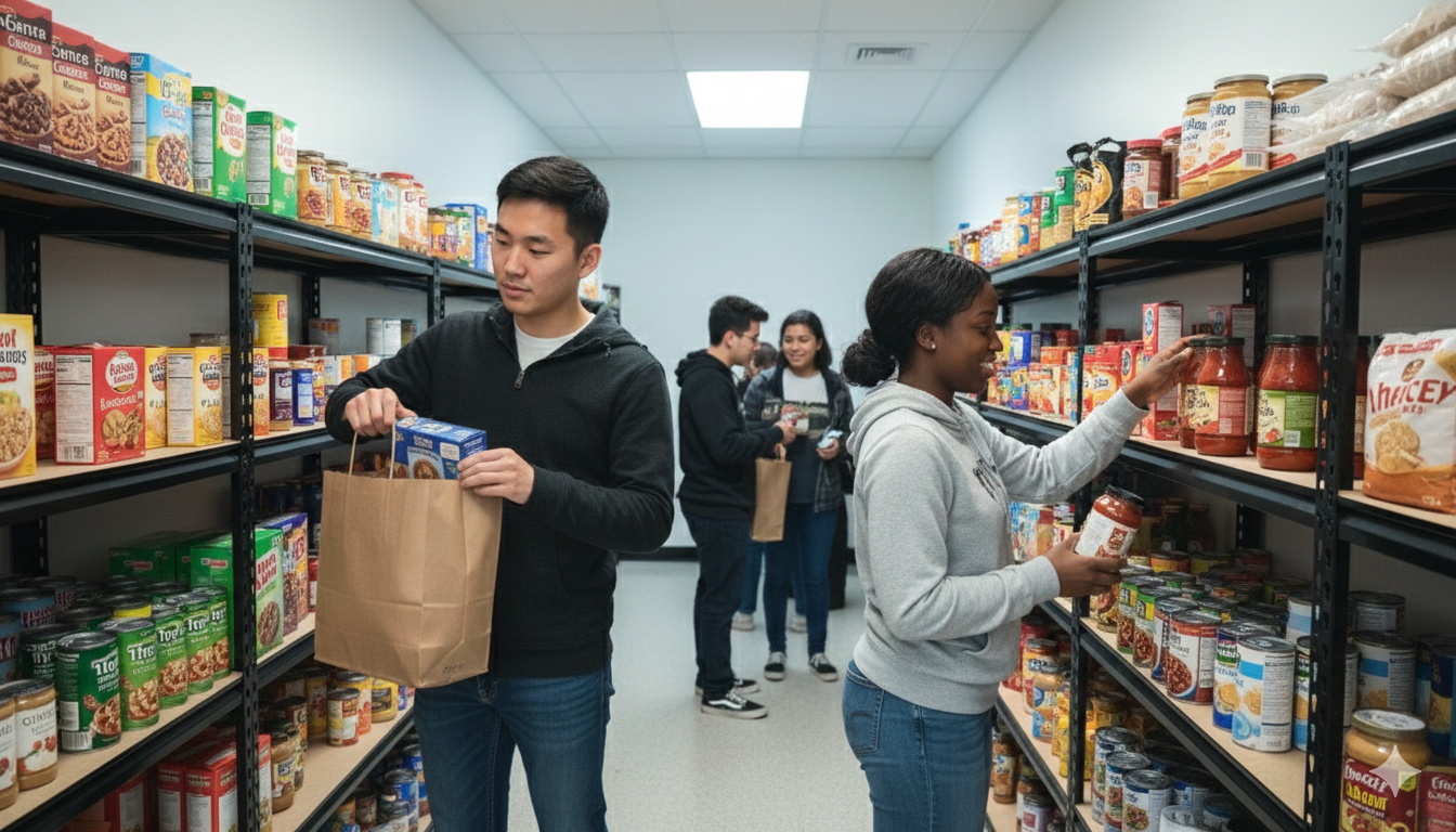 students in a campus food pantry - family can't help pay for college