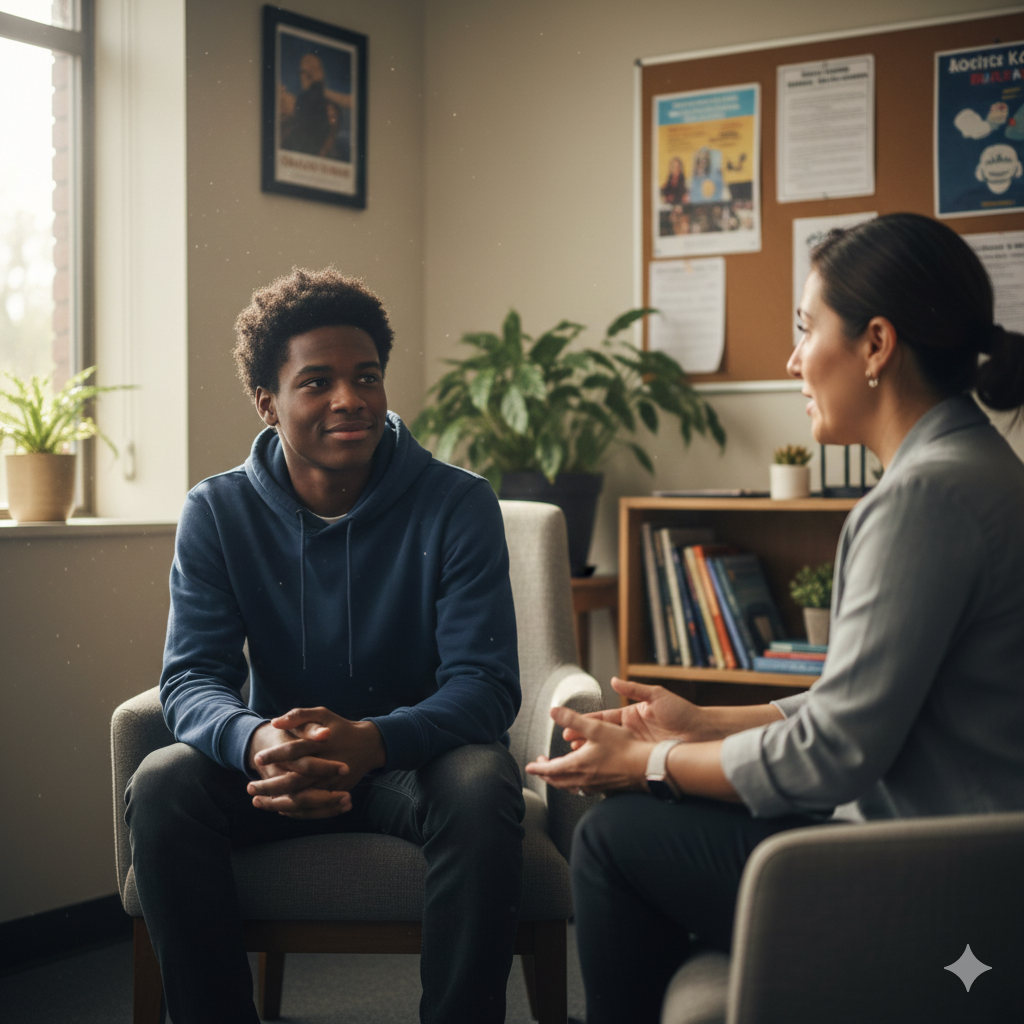 student meeting with a counselor to discuss how and why he is feeling alone
