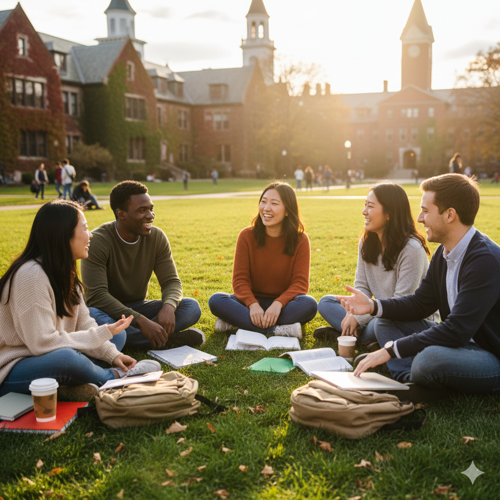 group of students sitting on the grass on their college campus - feeling alone