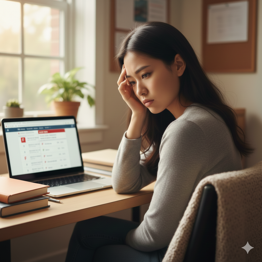 disappointed student looking at her grades - raising your gpa