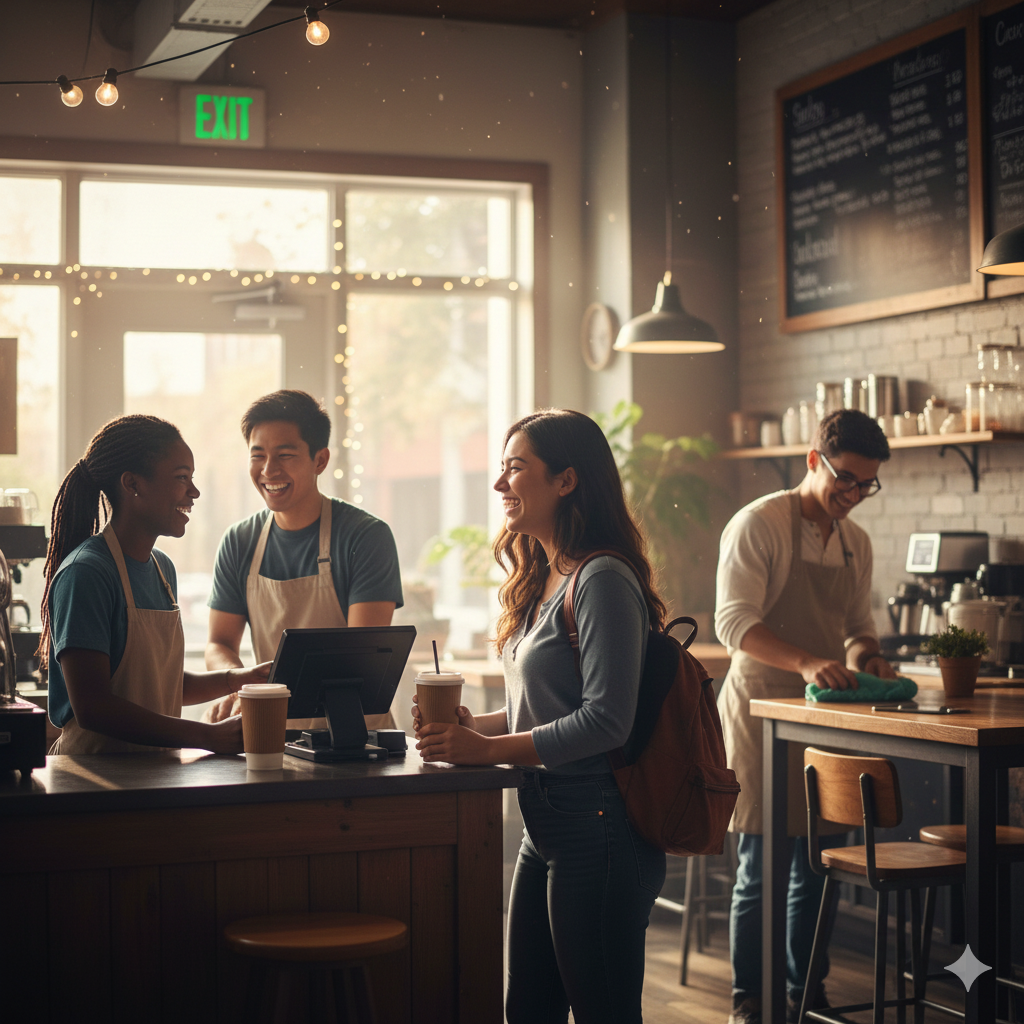 students working in a coffee shop