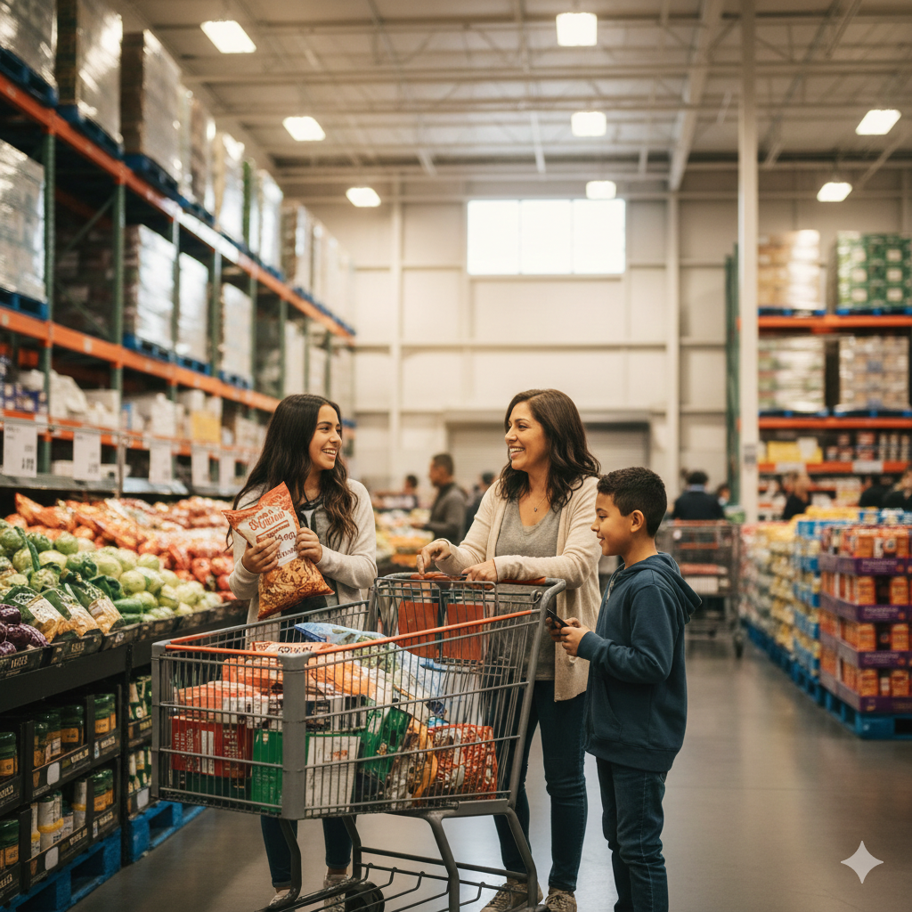 Mom and kids shopping in a discount store due to their financial stress