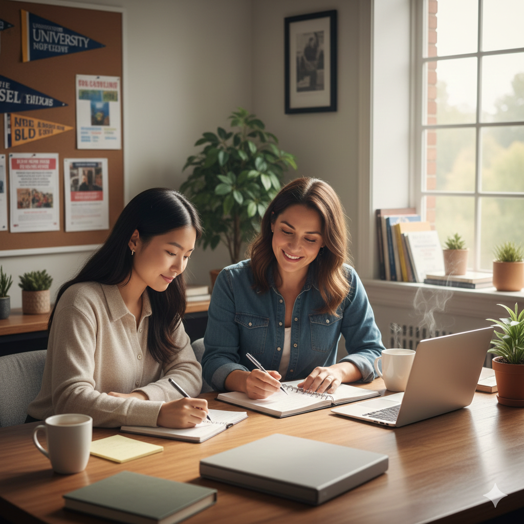 student meeting with her school counselor because family can't help pay for college