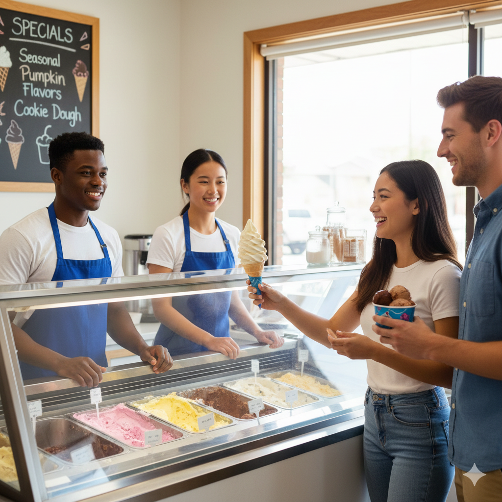 students working in an ice cream shop