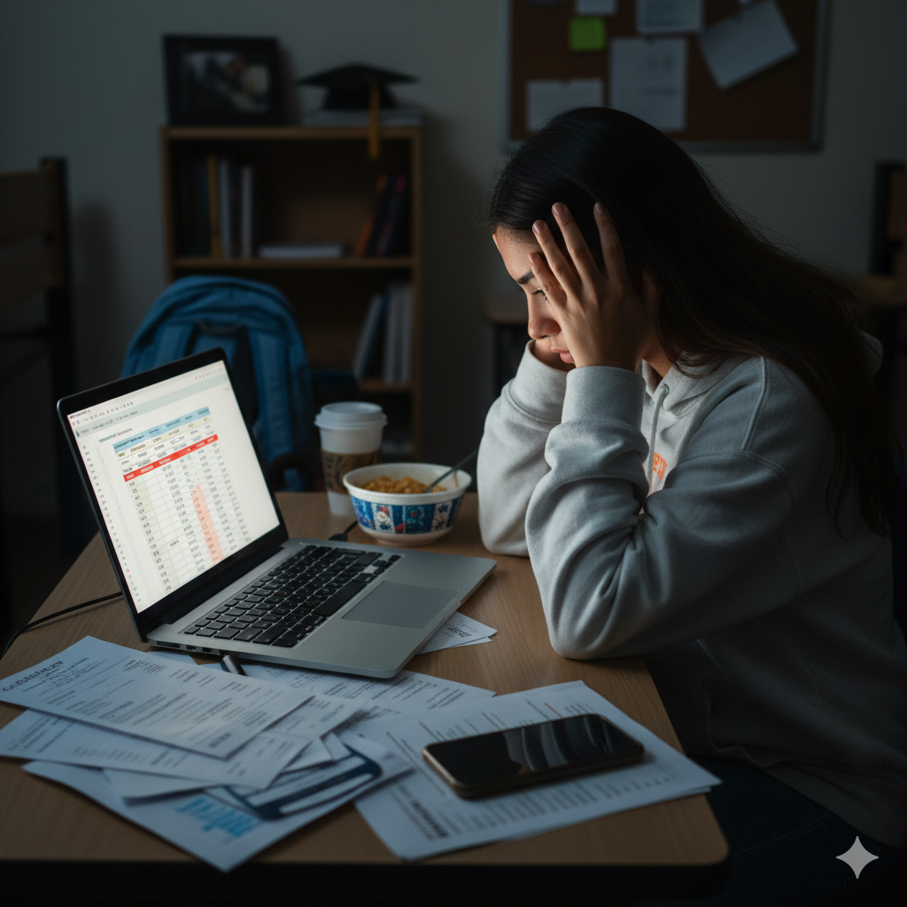 Stressed student looking at her expenses on her laptop, demonstrating her financial hardship