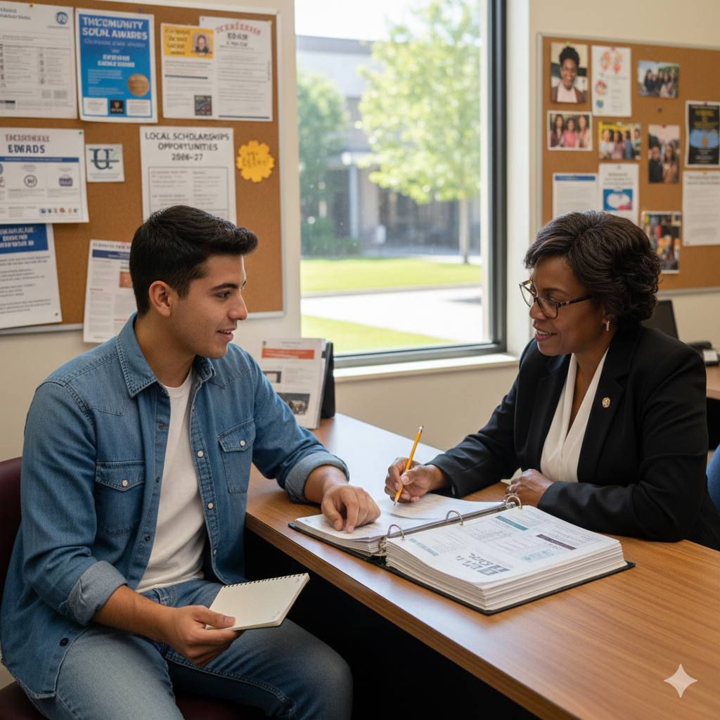 student meeting with financial aid counselor about scholarship strategies
