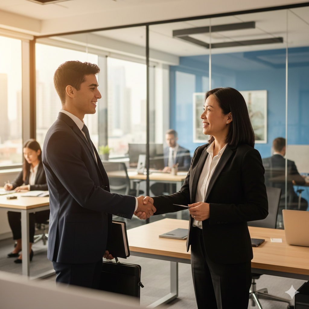 student meeting with an employer for a job interview, meeting one of his New Year's goals